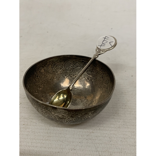 4 - A BELIEVED TO BE SILVER ASIAN BOWL PLUS A HALLMARKED BIRMINGHAM SILVER WALKER AND HALL SPOON, TOTAL ... 