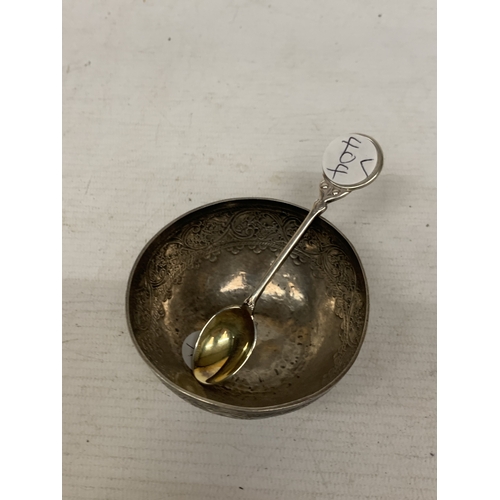 4 - A BELIEVED TO BE SILVER ASIAN BOWL PLUS A HALLMARKED BIRMINGHAM SILVER WALKER AND HALL SPOON, TOTAL ... 