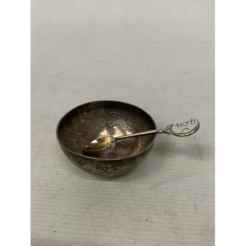 4 - A BELIEVED TO BE SILVER ASIAN BOWL PLUS A HALLMARKED BIRMINGHAM SILVER WALKER AND HALL SPOON, TOTAL ... 