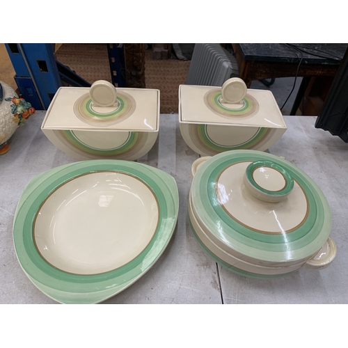 5 - FOUR PIECES OF CLARICE CLIFF POTTERY TO INCLUDE TWO BIZARRE LIDDED SERVING DISHES