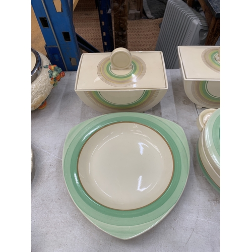 5 - FOUR PIECES OF CLARICE CLIFF POTTERY TO INCLUDE TWO BIZARRE LIDDED SERVING DISHES