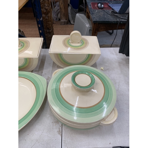 5 - FOUR PIECES OF CLARICE CLIFF POTTERY TO INCLUDE TWO BIZARRE LIDDED SERVING DISHES