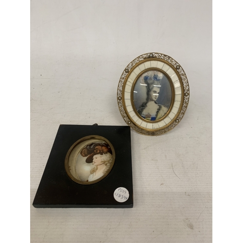 6 - TWO VINTAGE MINIATURE FRAMED PORTRAITS, ONE CERAMIC, THE OTHER ON GLASS