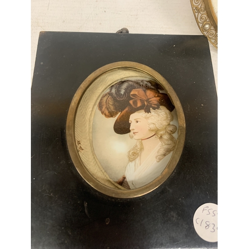 6 - TWO VINTAGE MINIATURE FRAMED PORTRAITS, ONE CERAMIC, THE OTHER ON GLASS