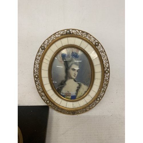 6 - TWO VINTAGE MINIATURE FRAMED PORTRAITS, ONE CERAMIC, THE OTHER ON GLASS