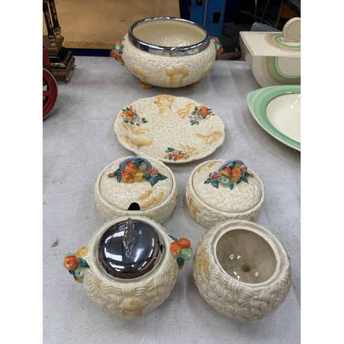 8 - SIX PIECES OF CLARICE CLIFF 'CELTIC HARVEST' TO INCLUDE A BOWL, PLATE AND LIDDED POTS
