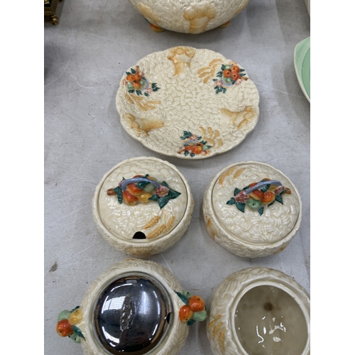 8 - SIX PIECES OF CLARICE CLIFF 'CELTIC HARVEST' TO INCLUDE A BOWL, PLATE AND LIDDED POTS