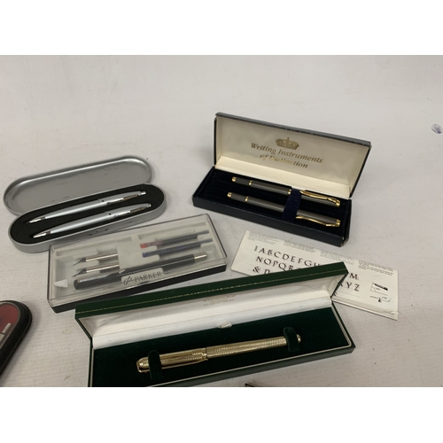 35 - A SHEAFFER FOUNTAIN PEN WITH A 14CT GOLD NIB PLUS A QUANTITY OF OTHER FOUNTAIN AND BALLPOINT PENS