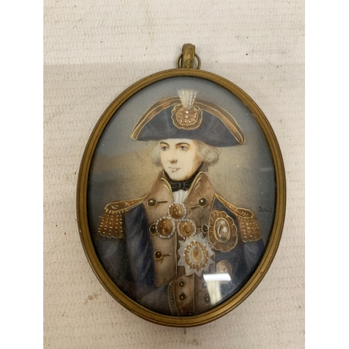 39 - A SIGNED 'DAVID' MINIATURE HANDPAINTED PORTRAIT OF ADMIRAL LORD NELSON, IN A YELLOW METAL FRAME