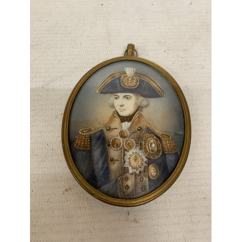 39 - A SIGNED 'DAVID' MINIATURE HANDPAINTED PORTRAIT OF ADMIRAL LORD NELSON, IN A YELLOW METAL FRAME