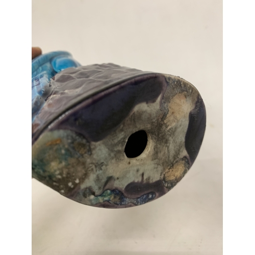 42 - A VINTAGE CHINESE PORCELAIN PARROT FIGURE, WITH A TURQUOISE GLAZED BODY AND AUBERGINE COLOURED CREST... 