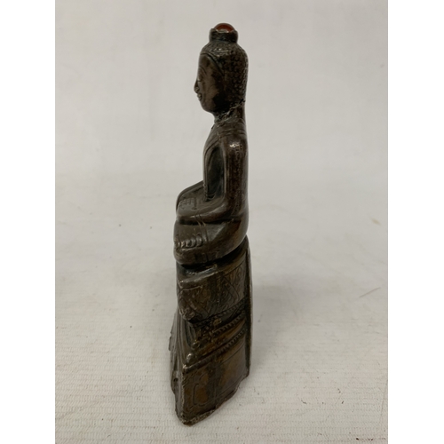 48 - A 19TH CENTURY CHINESE SILVER PATINATED METAL BUDDAH FIGURE, HEIGHT 18CM