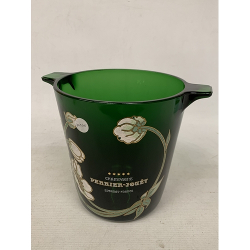 52 - AN EMERALD GREEN GLASS PERRIER-JOUET CHAMPAGNE BUCKET WITH WHITE ANENOME FLORAL MOTIF