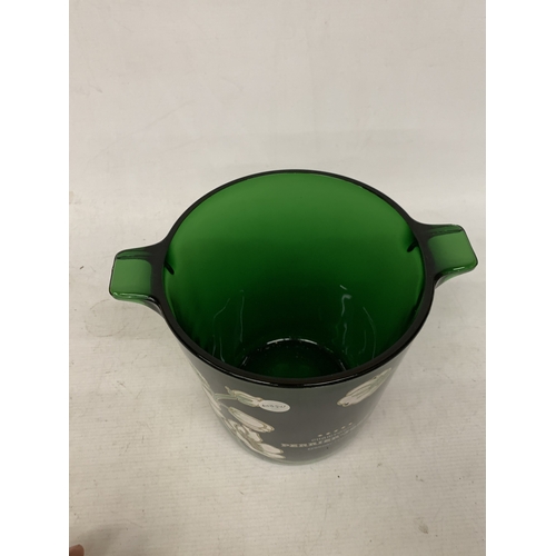 52 - AN EMERALD GREEN GLASS PERRIER-JOUET CHAMPAGNE BUCKET WITH WHITE ANENOME FLORAL MOTIF