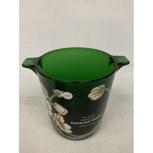52 - AN EMERALD GREEN GLASS PERRIER-JOUET CHAMPAGNE BUCKET WITH WHITE ANENOME FLORAL MOTIF