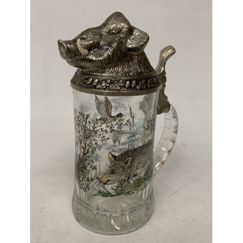 53 - A BMF WEST GERMAN GLASS AND PEWTER LIDDED STEIN WITH A BOARS HEAD DESIGN