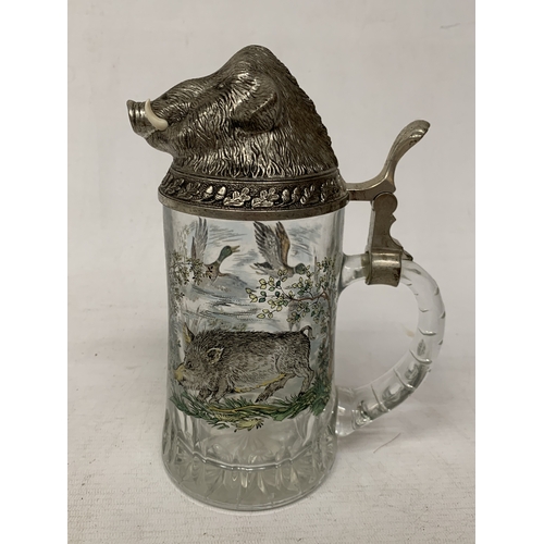 53 - A BMF WEST GERMAN GLASS AND PEWTER LIDDED STEIN WITH A BOARS HEAD DESIGN
