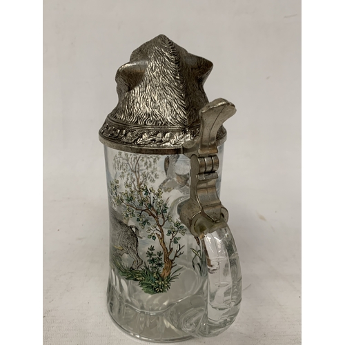 53 - A BMF WEST GERMAN GLASS AND PEWTER LIDDED STEIN WITH A BOARS HEAD DESIGN