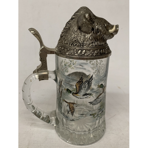 53 - A BMF WEST GERMAN GLASS AND PEWTER LIDDED STEIN WITH A BOARS HEAD DESIGN
