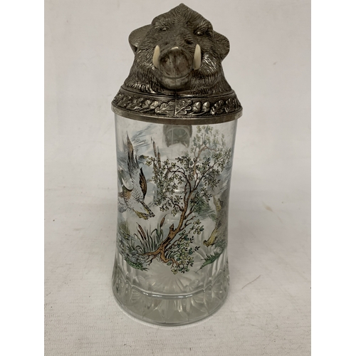 53 - A BMF WEST GERMAN GLASS AND PEWTER LIDDED STEIN WITH A BOARS HEAD DESIGN