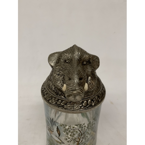 53 - A BMF WEST GERMAN GLASS AND PEWTER LIDDED STEIN WITH A BOARS HEAD DESIGN