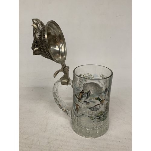 53 - A BMF WEST GERMAN GLASS AND PEWTER LIDDED STEIN WITH A BOARS HEAD DESIGN