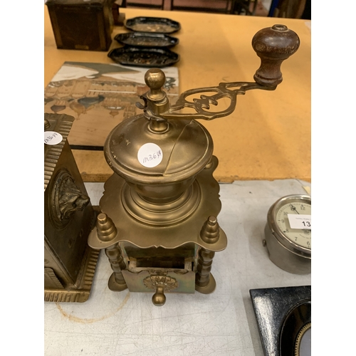 16 - TWO VINTAGE BRASS COFFEE GRINDERS, ONE WITH A CERAMIC PLAQUE TO THE FRONT