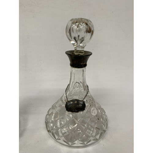 2 - THREE VINTAGE CUT GLASS DECANTERS WITH HALLMARKED SILVER LABELS AND HALLMARKED SILVER RIMS TO TWO OF... 
