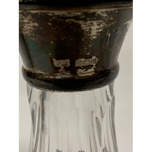 2 - THREE VINTAGE CUT GLASS DECANTERS WITH HALLMARKED SILVER LABELS AND HALLMARKED SILVER RIMS TO TWO OF... 