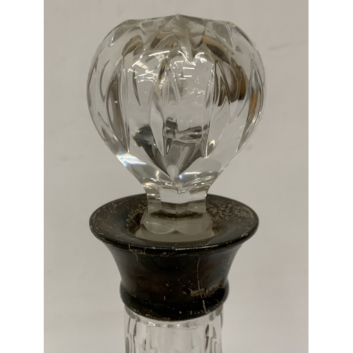 2 - THREE VINTAGE CUT GLASS DECANTERS WITH HALLMARKED SILVER LABELS AND HALLMARKED SILVER RIMS TO TWO OF... 