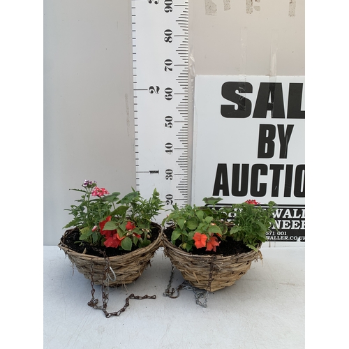 11 - TWO WICKER HANGING BASKETS FILLED WITH MIXED BEDDING TO INCLUDE GERANIUMS, VERBENA SPARKLE, LOBELIA,... 
