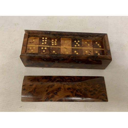 58 - A SET OF MOROCCAN BURL THUYA WOOD DOMINOES BOXED
