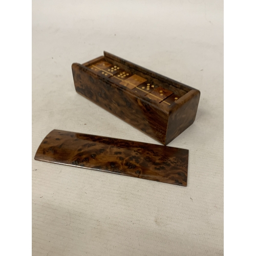 58 - A SET OF MOROCCAN BURL THUYA WOOD DOMINOES BOXED