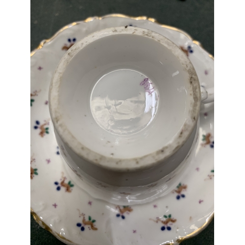 71 - A GEORGIAN HILDITCH PORCELAIN CUP AND SAUCER WITH HAND PAINTED DESIGN