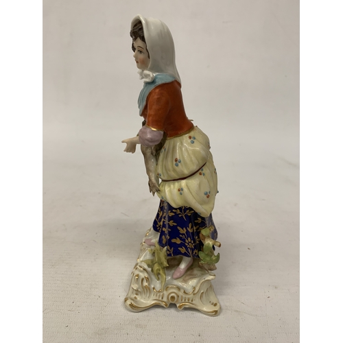 81 - A VINTAGE CROWN DERBY LADY FIGURE WITH A BASKET OF FLOWERS AND A RABBIT, HEIGHT 16CM