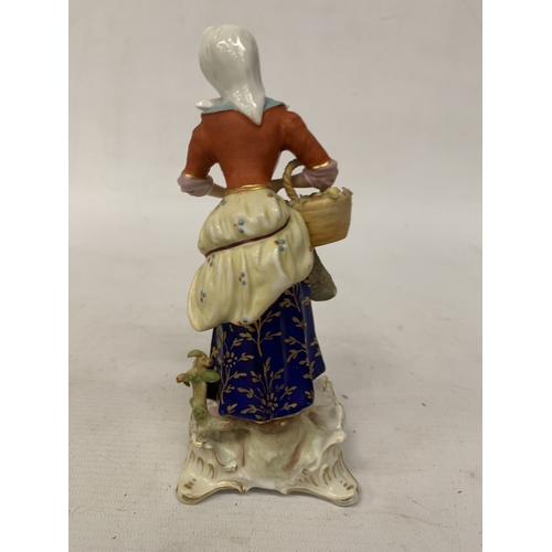 81 - A VINTAGE CROWN DERBY LADY FIGURE WITH A BASKET OF FLOWERS AND A RABBIT, HEIGHT 16CM