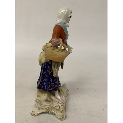 81 - A VINTAGE CROWN DERBY LADY FIGURE WITH A BASKET OF FLOWERS AND A RABBIT, HEIGHT 16CM