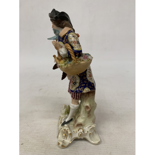 82 - A VINTAGE CROWN DERBY FIGURE OF A BOY WITH A BASKET AND A GAME BIRD, HEIGHT 18CM