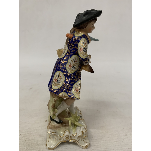 82 - A VINTAGE CROWN DERBY FIGURE OF A BOY WITH A BASKET AND A GAME BIRD, HEIGHT 18CM