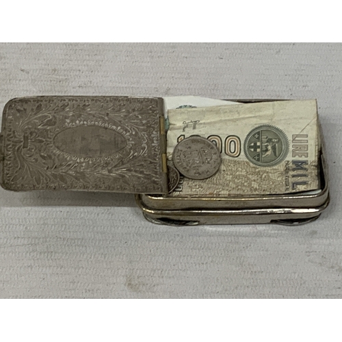 120A - A VICTORIAN SILVER PLATED MONEY TIN WITH A ONE POUND NOTE, A 1000 LIRE NOTE, A 1912 THREE PENCE AND ... 