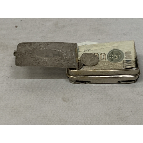 120A - A VICTORIAN SILVER PLATED MONEY TIN WITH A ONE POUND NOTE, A 1000 LIRE NOTE, A 1912 THREE PENCE AND ... 