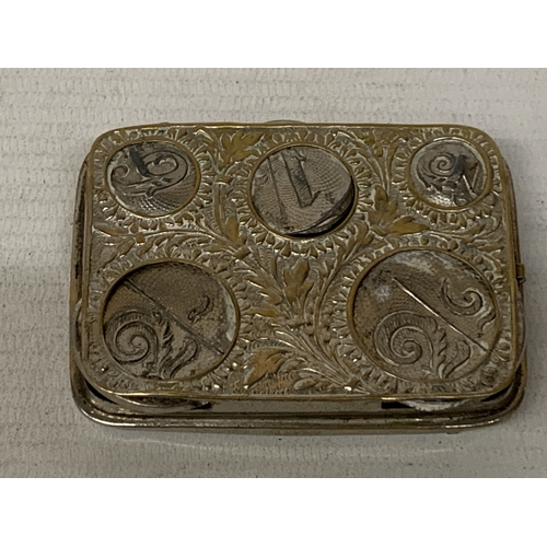 120A - A VICTORIAN SILVER PLATED MONEY TIN WITH A ONE POUND NOTE, A 1000 LIRE NOTE, A 1912 THREE PENCE AND ... 