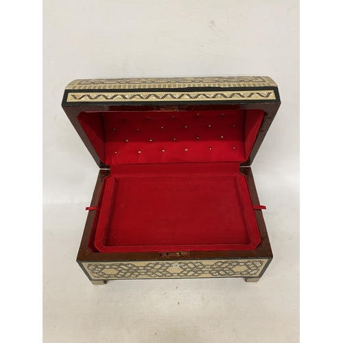 13 - AN EGYPTIAN HANDCRAFTED TREASURE CHEST WITH GEOMETRIC MOTHER OF PEARL AND ABALONE SHELL INLAY - APPR... 