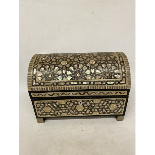 13 - AN EGYPTIAN HANDCRAFTED TREASURE CHEST WITH GEOMETRIC MOTHER OF PEARL AND ABALONE SHELL INLAY - APPR... 