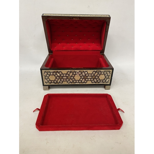 13 - AN EGYPTIAN HANDCRAFTED TREASURE CHEST WITH GEOMETRIC MOTHER OF PEARL AND ABALONE SHELL INLAY - APPR... 