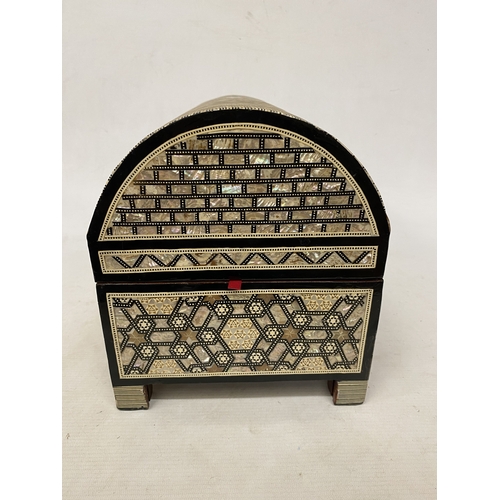 13 - AN EGYPTIAN HANDCRAFTED TREASURE CHEST WITH GEOMETRIC MOTHER OF PEARL AND ABALONE SHELL INLAY - APPR... 