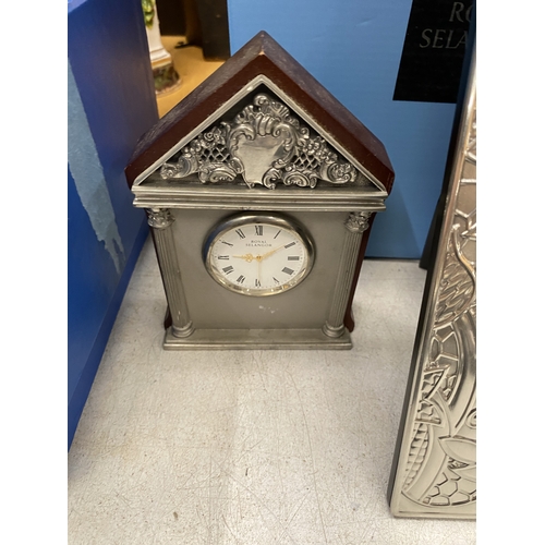 21 - A ROYAL SELANGOR CORINTHIAN PEWTER FRONTED TABLE CLOCK IN A CLASSICAL TEMPLE DESIGN TOGETHER WITH A ... 