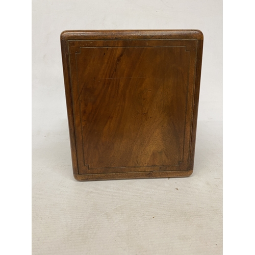 3 - A VINTAGE THREE DOOR CAMPAIGN JEWELLERY CABINET WITH BRASS RECESSED HANDLES, COMPLETE WITH KEY AND D... 