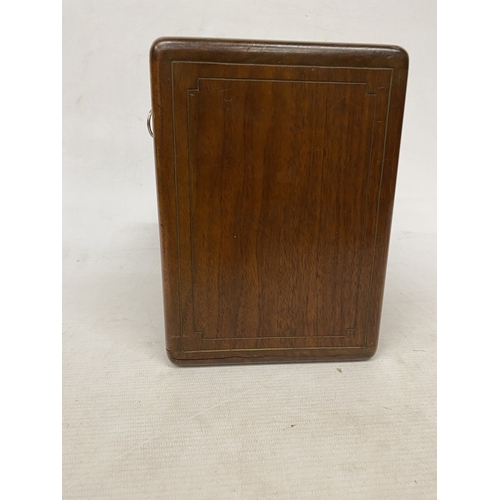 3 - A VINTAGE THREE DOOR CAMPAIGN JEWELLERY CABINET WITH BRASS RECESSED HANDLES, COMPLETE WITH KEY AND D... 