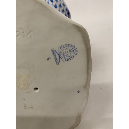 46 - A HEREND PORCELAIN PARTRIDGE FIGURE MODEL NUMBER 5071 WITH THE BRAND'S SIGNATURE BLUE FISHNET PATTER... 